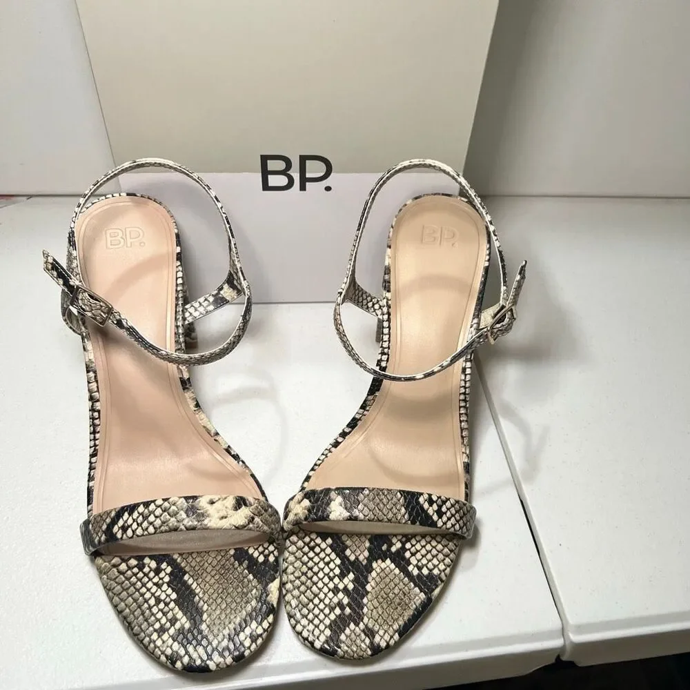 NIB Python Print BP Strappy Wide Block Heels 8.5 Vegan Leather